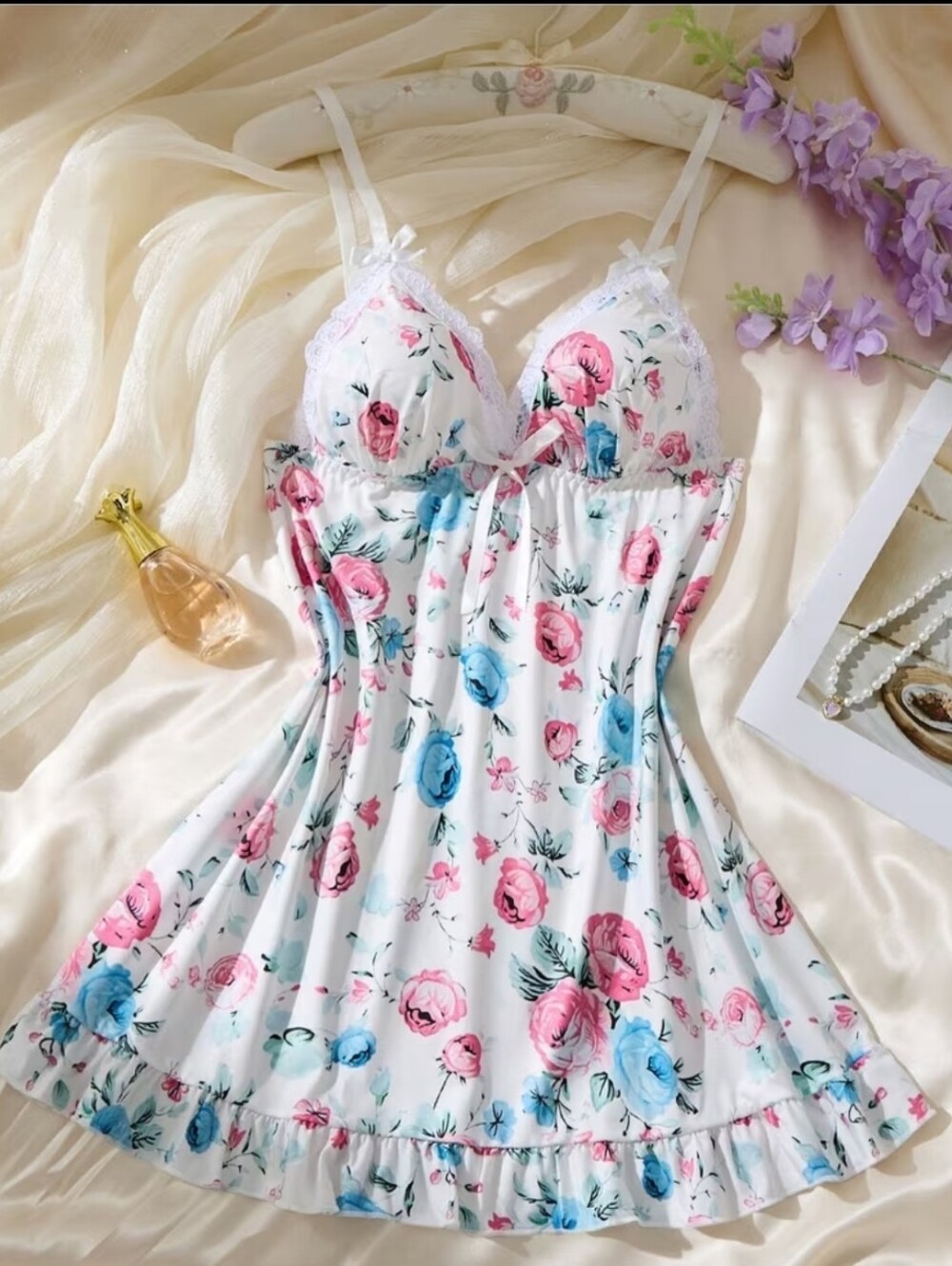 Elegant Floral Print Deep V Neck Seductive Lingerie Nightgown Slip Loungewear